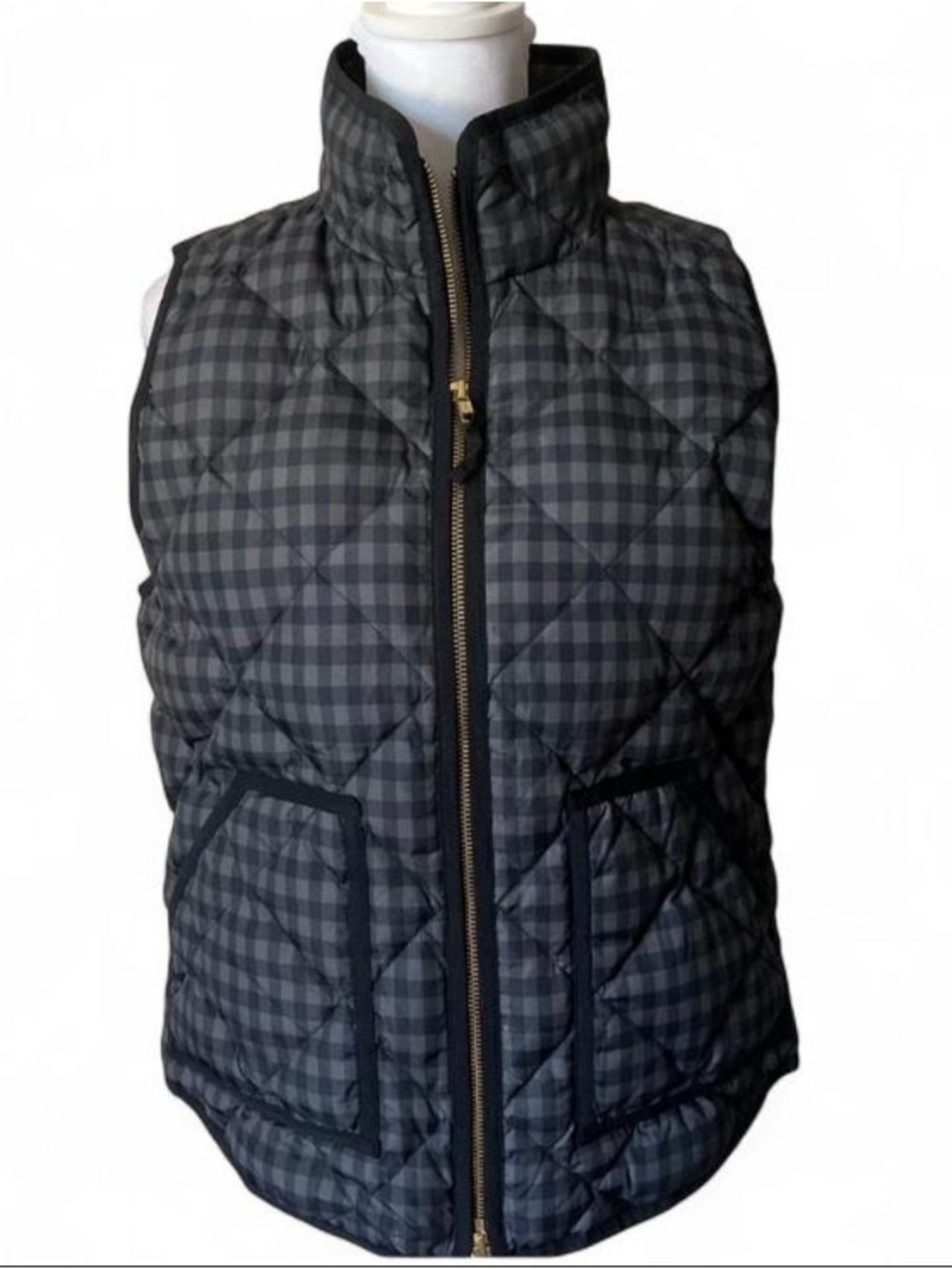 J. Crew Ladies Black / Gray Gingham Plaid Quilted Puffer Vest size Small - Picture 2 of 9